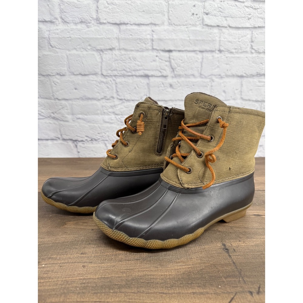 Sperry Saltwater Duck‎ Boots 8.5 Olive Canvas Fleece Lined Rain Hiking Preppy